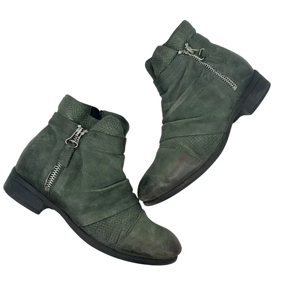 Miz Mooz Sunny Green Leather‎ Ankle Booties Boots Ruched Zip EU 36 US 6 Womens